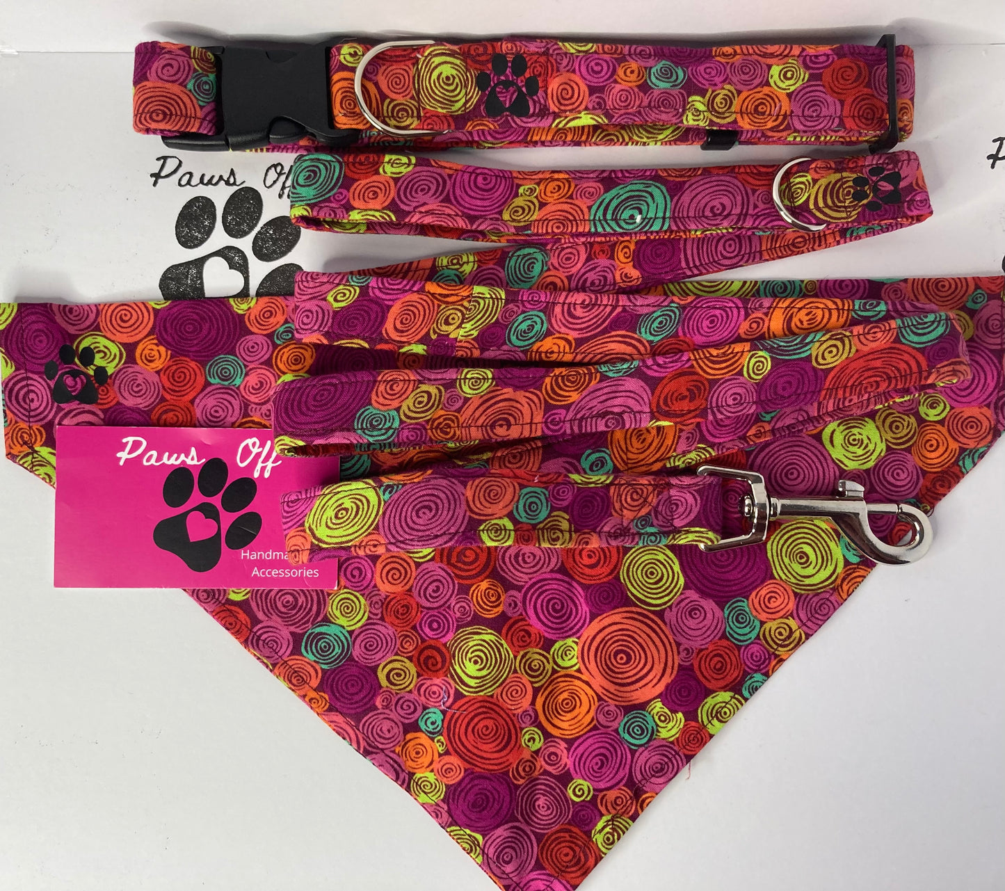 Modern Swirl Fabric Handmade Personalised Adjustable Dog Collar set and matching Lead, Bow Ties and Bandanas