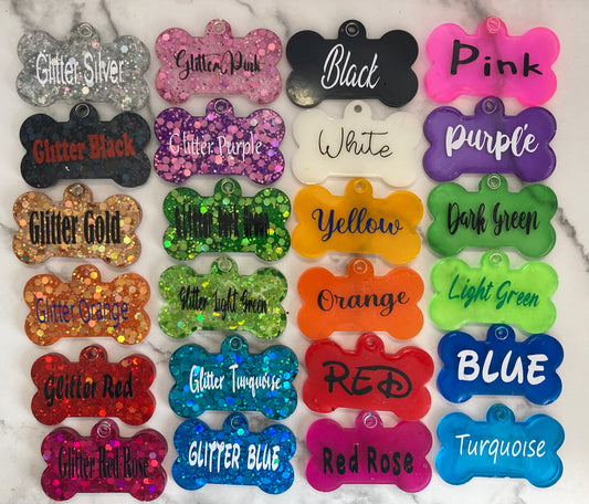 Personalised handmade resin dog tags, glitter resin tags, plain colour resin tags, themed pet tags, ID pet tags, handmade dog tags