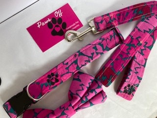 Ombre Leaf Pink Handmade Personalised Dog Collar set, adjustable collar, matching Leads, Bow Ties and Bandanas